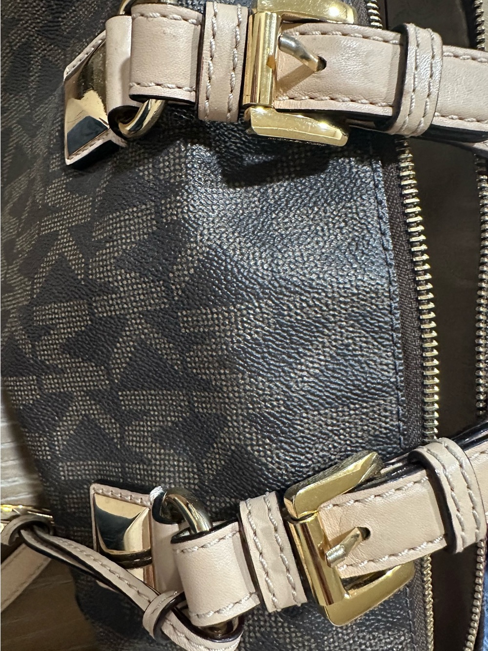Michael Kors Brown Monogram Satchel with Beige Trim and Gold Hardware - Picture 2 of 3